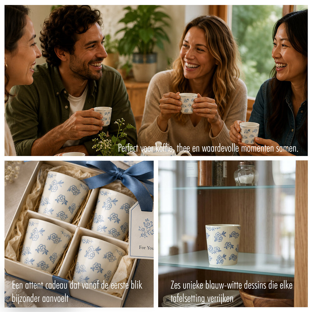 Discountershop Coffee Cups Without Handle - 200 ml Ceramic Cups for Espresso, Cappuccino, Lungo and Tea Small Flowers Blue-White Discountershop Coffee Cups Without Handle - 200 ml Ceramic Cups for Espresso, Cappuccino, Lungo and Tea Small Flowers Blue-White