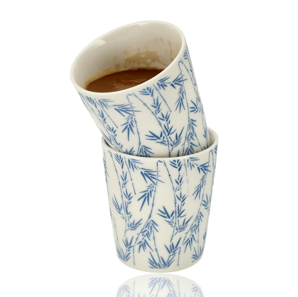 Discountershop Ceramic Coffee Cup Without Handle - 200 ml Earthenware Cup for Espresso, Cappuccino, Lungo and Tea Bamboo Blue-White Discountershop Ceramic Coffee Cup Without Handle - 200 ml Earthenware Cup for Espresso, Cappuccino, Lungo and Tea Bamboo Blue-White
