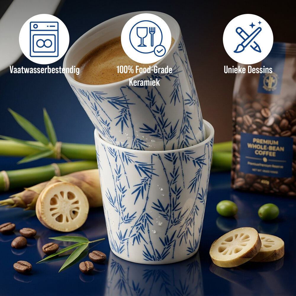 Discountershop Koffiebeker Keramiek Zonder Oor - 200 ml Aardewerk Kopje voor Espresso, Cappuccino, Lungo en Thee Bamboe Blauw-Wit Discountershop Koffiebeker Keramiek Zonder Oor - 200 ml Aardewerk Kopje voor Espresso, Cappuccino, Lungo en Thee Bamboe Blauw-Wit