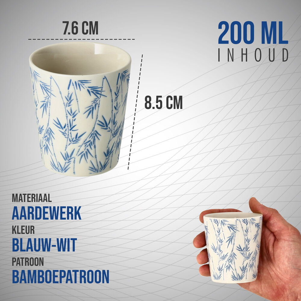 Discountershop Ceramic Coffee Cup Without Handle - 200 ml Earthenware Cup for Espresso, Cappuccino, Lungo and Tea Bamboo Blue-White Discountershop Ceramic Coffee Cup Without Handle - 200 ml Earthenware Cup for Espresso, Cappuccino, Lungo and Tea Bamboo Blue-White