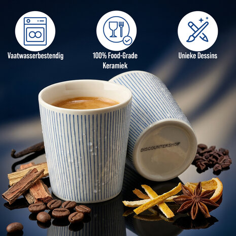 Discountershop Ceramic Coffee Cup Without Handle - 200 ml Earthenware Cup for Espresso, Cappuccino, Lungo and Tea Stripes Blue-White