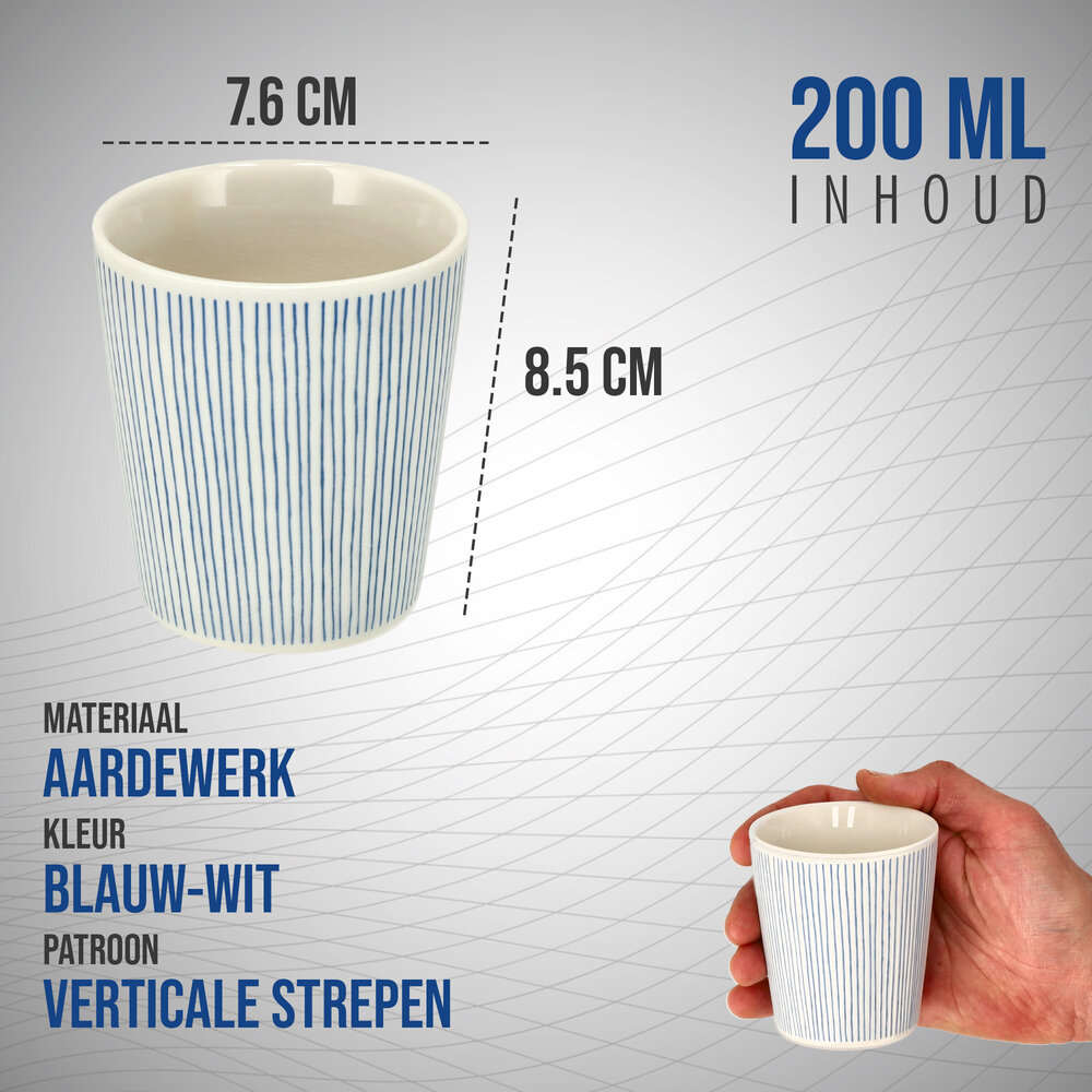 Discountershop Koffiebeker Keramiek Zonder Oor - 200 ml Aardewerk Kopje voor Espresso, Cappuccino, Lungo en Thee Strepen Blauw-Wit