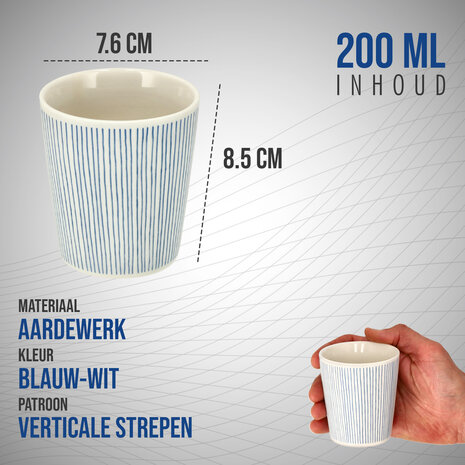 Discountershop Ceramic Coffee Cup Without Handle - 200 ml Earthenware Cup for Espresso, Cappuccino, Lungo and Tea Stripes Blue-White