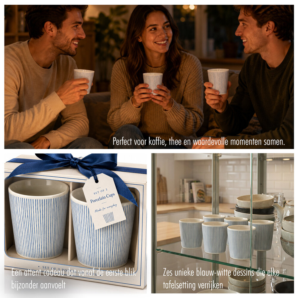 Discountershop Koffiebeker Keramiek Zonder Oor - 200 ml Aardewerk Kopje voor Espresso, Cappuccino, Lungo en Thee Strepen Blauw-Wit