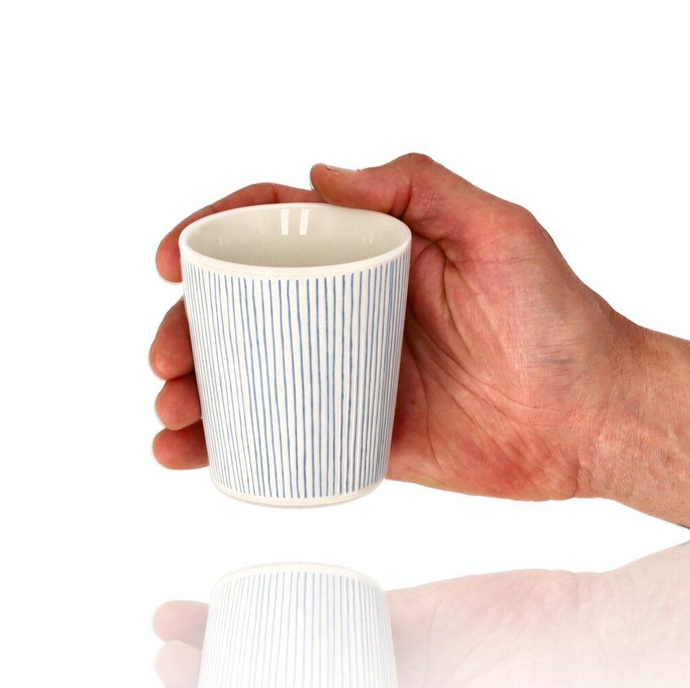Discountershop Ceramic Coffee Cup Without Handle - 200 ml Earthenware Cup for Espresso, Cappuccino, Lungo and Tea Stripes Blue-White