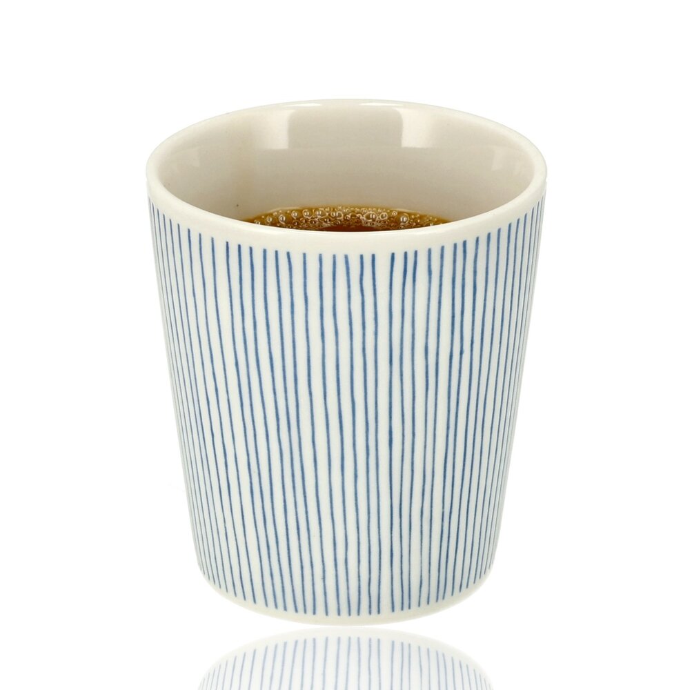 Discountershop Ceramic Coffee Cup Without Handle - 200 ml Earthenware Cup for Espresso, Cappuccino, Lungo and Tea Stripes Blue-White