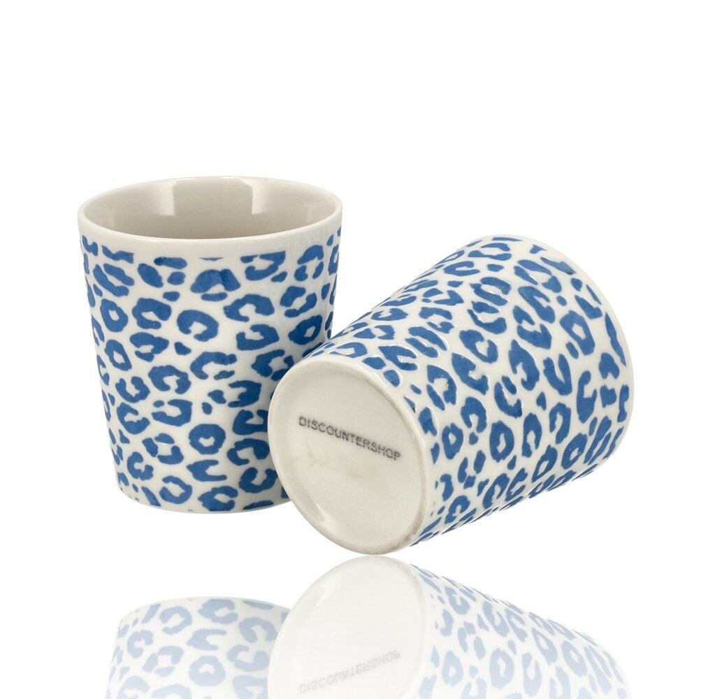 Discountershop Koffiebeker Keramiek Zonder Oor - 200 ml Aardewerk Kopje voor Espresso, Cappuccino, Lungo en Thee Luipaard Blauw-Wit