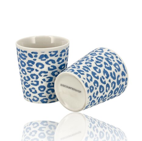 Discountershop Koffiebeker Keramiek Zonder Oor - 200 ml Aardewerk Kopje voor Espresso, Cappuccino, Lungo en Thee Luipaard Blauw-Wit