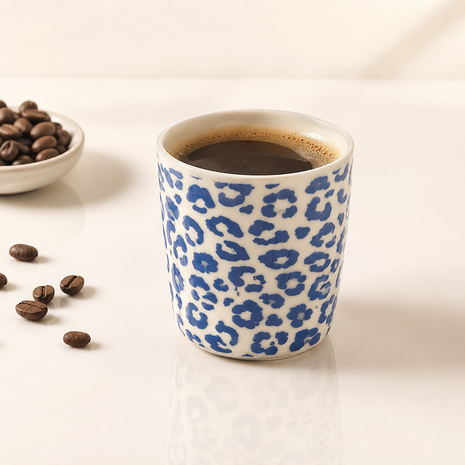 Discountershop Koffiebeker Keramiek Zonder Oor - 200 ml Aardewerk Kopje voor Espresso, Cappuccino, Lungo en Thee Luipaard Blauw-Wit