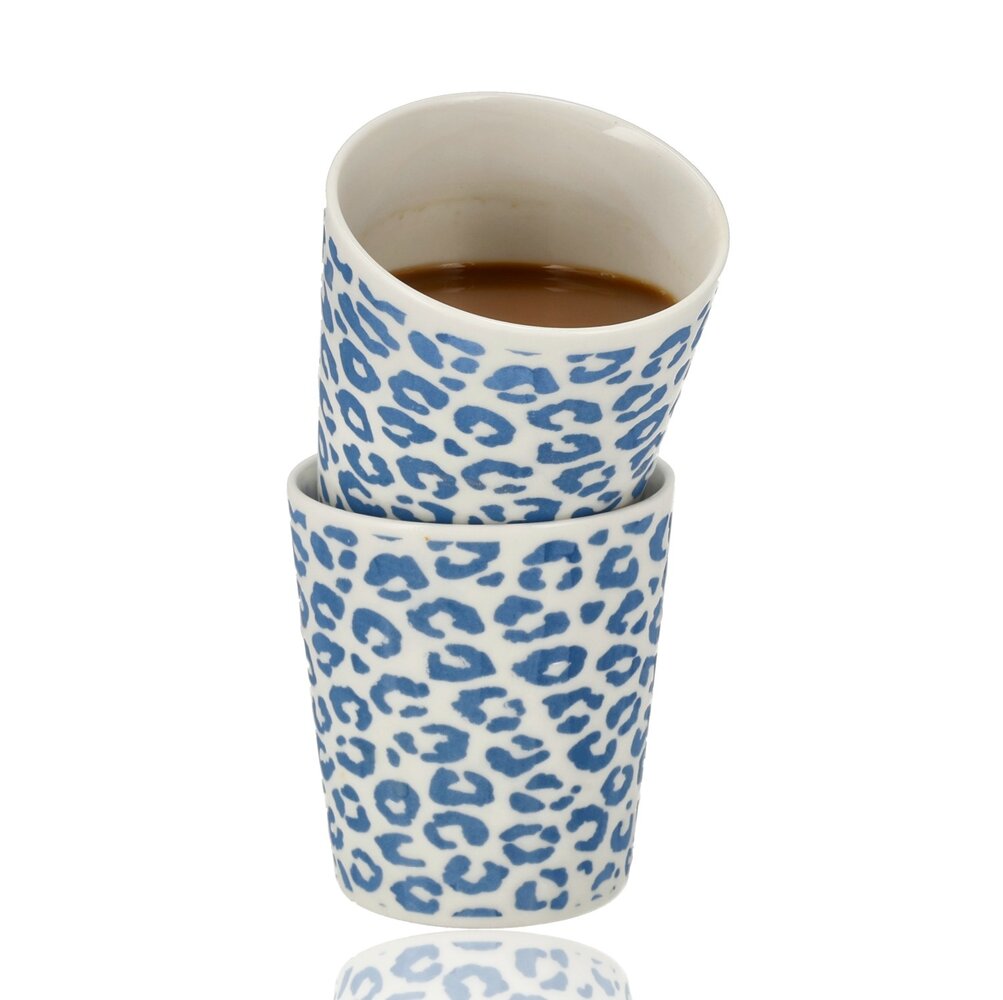 Discountershop Koffiebeker Keramiek Zonder Oor - 200 ml Aardewerk Kopje voor Espresso, Cappuccino, Lungo en Thee Luipaard Blauw-Wit