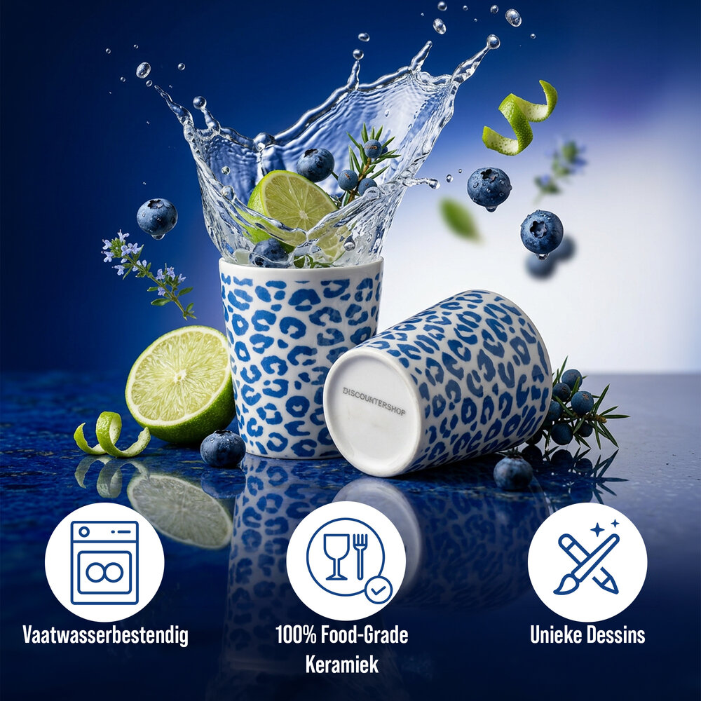 Discountershop Koffiebeker Keramiek Zonder Oor - 200 ml Aardewerk Kopje voor Espresso, Cappuccino, Lungo en Thee Luipaard Blauw-Wit