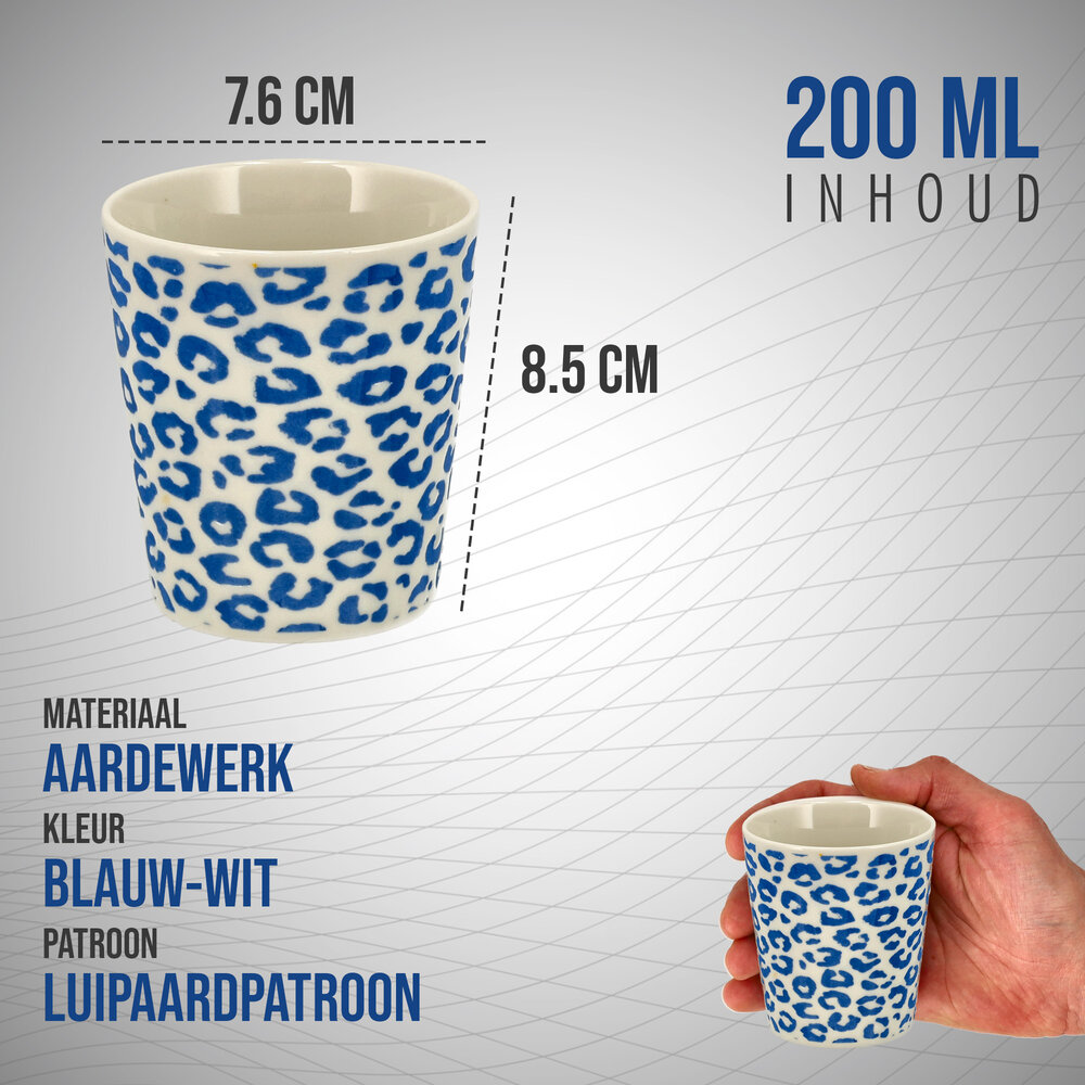 Discountershop Koffiebeker Keramiek Zonder Oor - 200 ml Aardewerk Kopje voor Espresso, Cappuccino, Lungo en Thee Luipaard Blauw-Wit