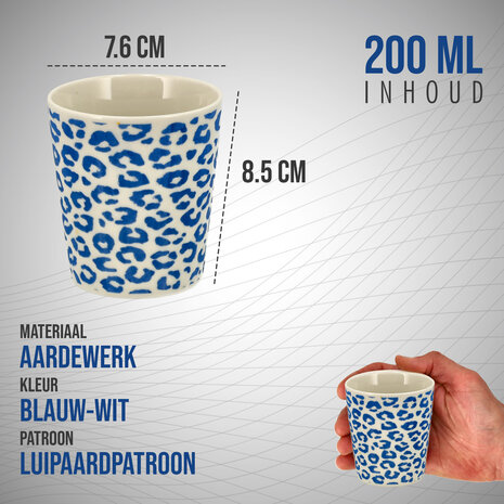 Discountershop Koffiebeker Keramiek Zonder Oor - 200 ml Aardewerk Kopje voor Espresso, Cappuccino, Lungo en Thee Luipaard Blauw-Wit