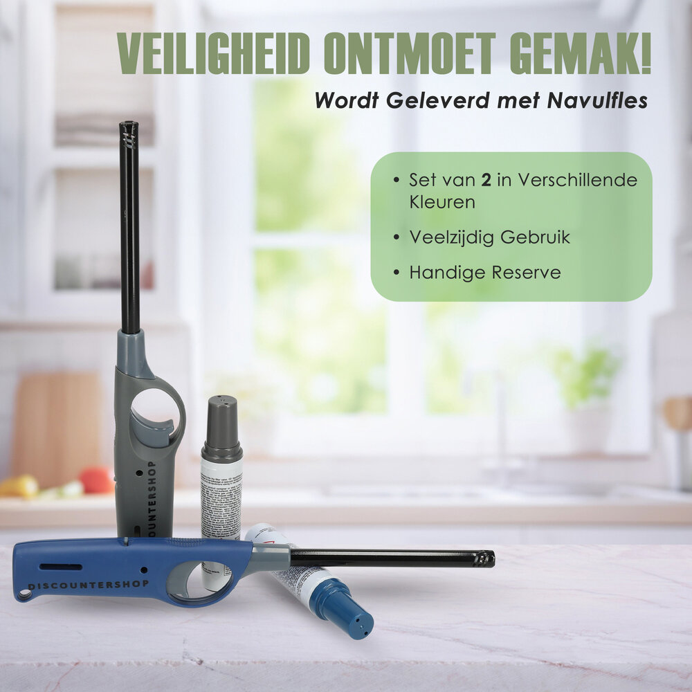 Merkloos Gasaansteker met Kinderbescherming 25.5 cm - Set van 2 Navulbare Aanstekers met Navulling voor BBQ, Kaarsen, Keuken, Horeca en Garage