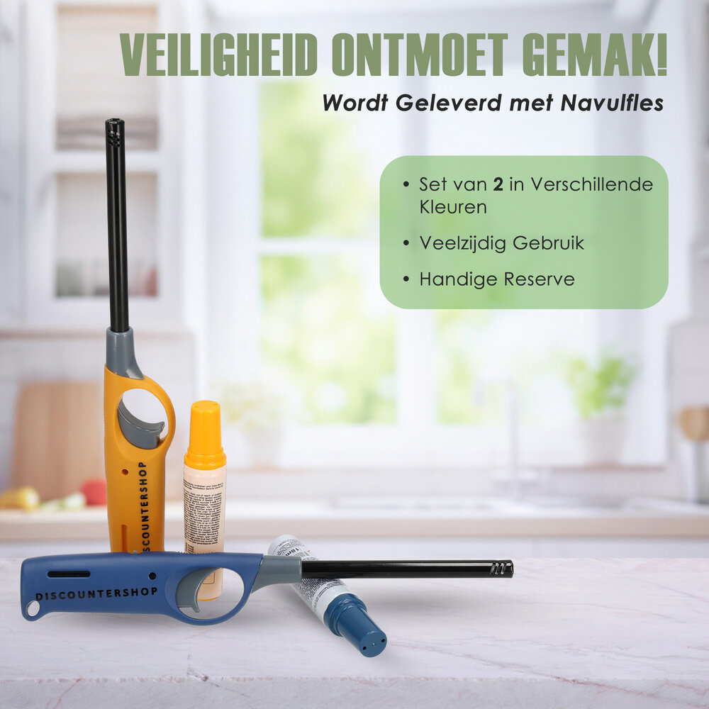 Merkloos Gas Lighter Set With Refill - 2 Refillable 25.5 cm Butane Lighters for BBQ, Candles, Kitchen and Outdoor Use