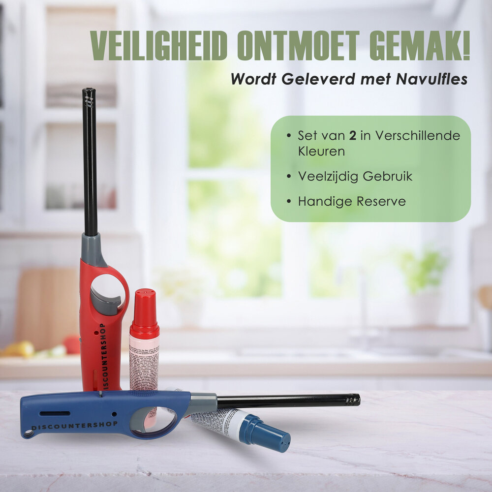 Merkloos Gasaansteker Set met Navulling - 2 Hervulbare Aanstekers met Kinderslot, Vlamaanpassing en Brandstofindicator - Rood en Blauw Merkloos Gasaansteker Set met Navulling - 2 Hervulbare Aanstekers met Kinderslot, Vlamaanpassing en Brandstofindicator - Rood en Blauw