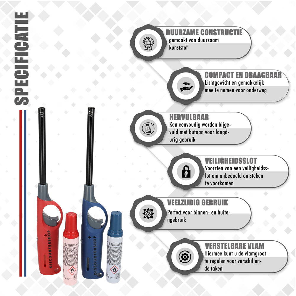 Merkloos Gasaansteker Set met Navulling - 2 Hervulbare Aanstekers met Kinderslot, Vlamaanpassing en Brandstofindicator - Rood en Blauw Merkloos Gasaansteker Set met Navulling - 2 Hervulbare Aanstekers met Kinderslot, Vlamaanpassing en Brandstofindicator - Rood en Blauw