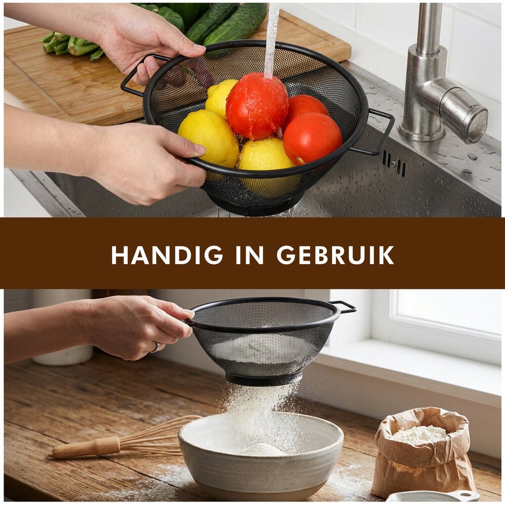 Discountershop Keukenzeef 20 cm zwart RVS met 2 handvatten – fijnmazig vergiet voor pasta, rijst, groente, fruit, wassen en afgieten in de keuken Discountershop Keukenzeef 20 cm zwart RVS met 2 handvatten – fijnmazig vergiet voor pasta, rijst, groente, fruit, wassen en afgieten in de keuken