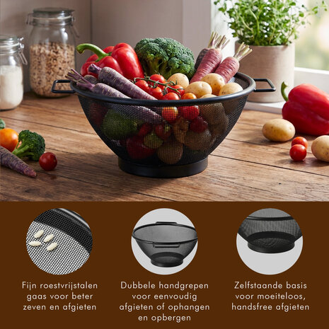 Discountershop 20 cm Black Stainless Steel Kitchen Strainer with 2 Handles – Fine-Mesh Colander for Pasta, Rice, Vegetables, Fruit, Washing and Draining Discountershop 20 cm Black Stainless Steel Kitchen Strainer with 2 Handles – Fine-Mesh Colander for Pasta, Rice, Vegetables, Fruit, Washing and Draining