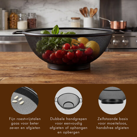 Discountershop 31 cm Black Stainless Steel Kitchen Strainer with 2 Handles – Large Fine-Mesh Colander for Pasta, Rice, Vegetables, Fruit and Potatoes Discountershop 31 cm Black Stainless Steel Kitchen Strainer with 2 Handles – Large Fine-Mesh Colander for Pasta, Rice, Vegetables, Fruit and Potatoes