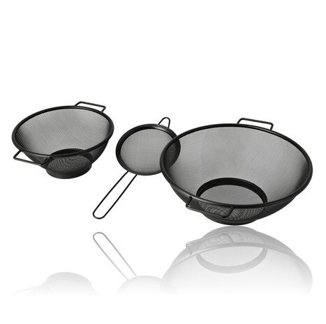 Discountershop Vergiet Set RVS 31 cm en 20 cm met Zeef 13 cm – 3-delige zwarte keukenzeef set voor pasta, rijst, groente, fruit en bakken Discountershop Vergiet Set RVS 31 cm en 20 cm met Zeef 13 cm – 3-delige zwarte keukenzeef set voor pasta, rijst, groente, fruit en bakken