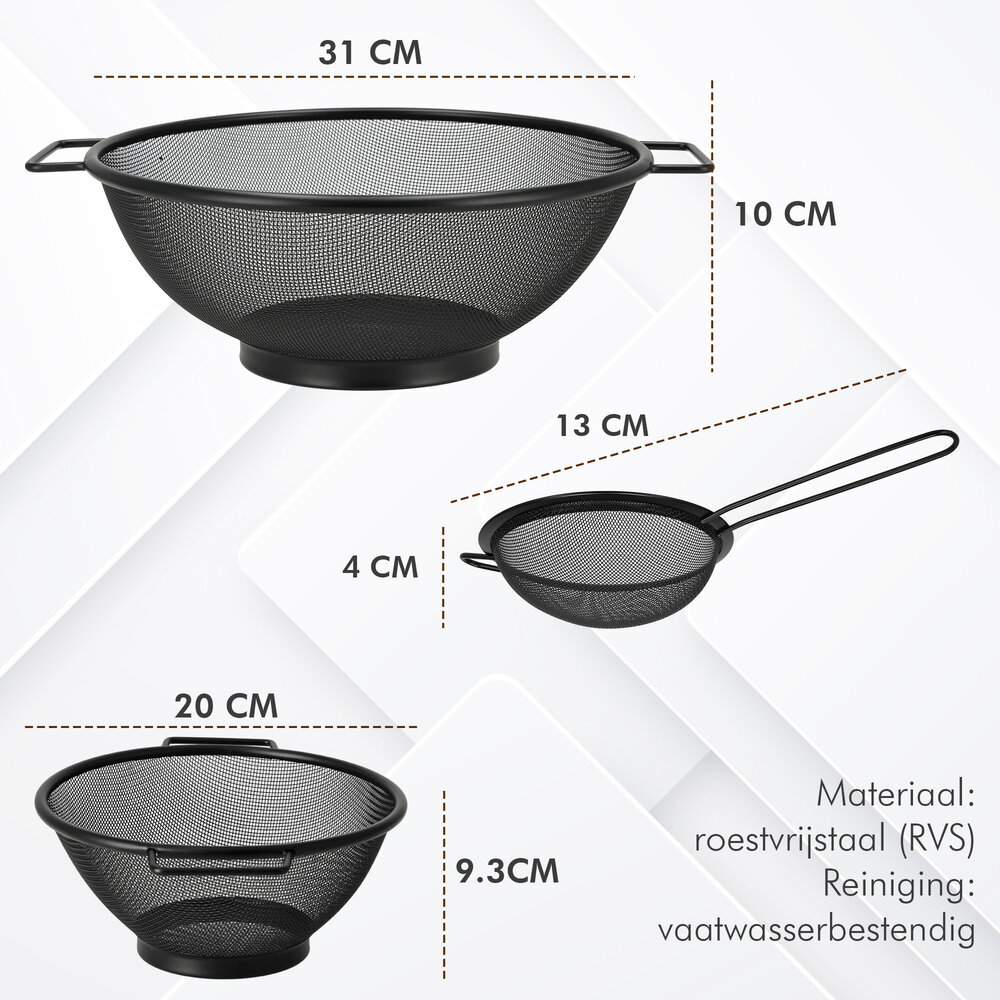 Discountershop Stainless Steel Colander Set 31 cm and 20 cm with 13 cm Sieve – 3-Piece Black Kitchen Strainer Set for Pasta, Rice, Fruit and Vegetables Discountershop Stainless Steel Colander Set 31 cm and 20 cm with 13 cm Sieve – 3-Piece Black Kitchen Strainer Set for Pasta, Rice, Fruit and Vegetables