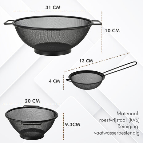 Discountershop Stainless Steel Colander Set 31 cm and 20 cm with 13 cm Sieve – 3-Piece Black Kitchen Strainer Set for Pasta, Rice, Fruit and Vegetables Discountershop Stainless Steel Colander Set 31 cm and 20 cm with 13 cm Sieve – 3-Piece Black Kitchen Strainer Set for Pasta, Rice, Fruit and Vegetables