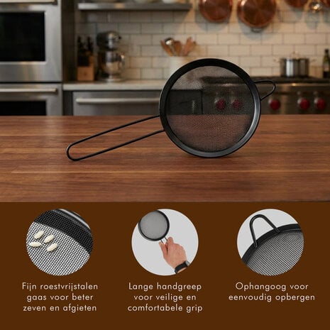 Discountershop Fine-Mesh Kitchen Sieve Ø13 cm with Handle – Black Stainless Steel Strainer for Tea, Flour, Icing Sugar, Cocoa, Sauces and Stock Discountershop Fine-Mesh Kitchen Sieve Ø13 cm with Handle – Black Stainless Steel Strainer for Tea, Flour, Icing Sugar, Cocoa, Sauces and Stock