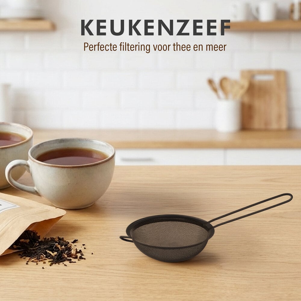 Discountershop Fine-Mesh Kitchen Sieve Ø13 cm with Handle – Black Stainless Steel Strainer for Tea, Flour, Icing Sugar, Cocoa, Sauces and Stock Discountershop Fine-Mesh Kitchen Sieve Ø13 cm with Handle – Black Stainless Steel Strainer for Tea, Flour, Icing Sugar, Cocoa, Sauces and Stock