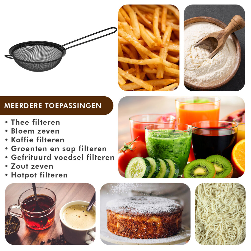 Discountershop Fine-Mesh Kitchen Sieve Ø13 cm with Handle – Black Stainless Steel Strainer for Tea, Flour, Icing Sugar, Cocoa, Sauces and Stock Discountershop Fine-Mesh Kitchen Sieve Ø13 cm with Handle – Black Stainless Steel Strainer for Tea, Flour, Icing Sugar, Cocoa, Sauces and Stock