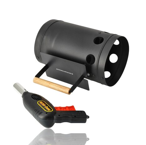 Discountershop Charcoal Chimney Starter with BBQ Starter Gun 17 x 27.5 cm – 2-Piece Metal Briquette Starter Set with Manual Air Blower for BBQ, Grill and Kamado