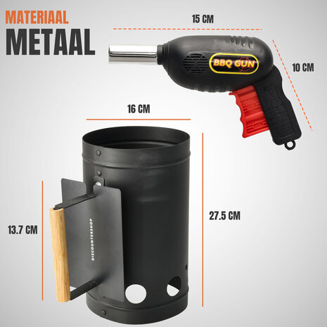 Discountershop Houtskoolstarter met BBQ Starter Gun 17 x 27,5 cm – 2-delige brikettenstarter set met luchtblazer voor barbecue, grill en kamado