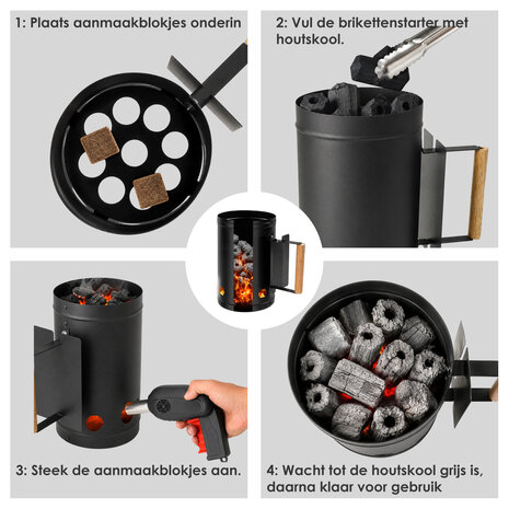 Discountershop Charcoal Chimney Starter with BBQ Starter Gun 17 x 27.5 cm – 2-Piece Metal Briquette Starter Set with Manual Air Blower for BBQ, Grill and Kamado
