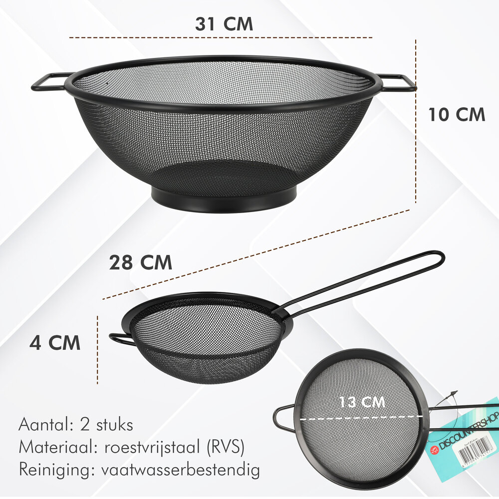 Discountershop Colander and Strainer Set – Stainless Steel Ø31 cm with Handles + Strainer Ø13 cm – Set of 2 Stainless Steel Kitchen Tools for Pasta, Rice, Vegetables & Tea Discountershop Colander and Strainer Set – Stainless Steel Ø31 cm with Handles + Strainer Ø13 cm – Set of 2 Stainless Steel Kitchen Tools for Pasta, Rice, Vegetables & Tea