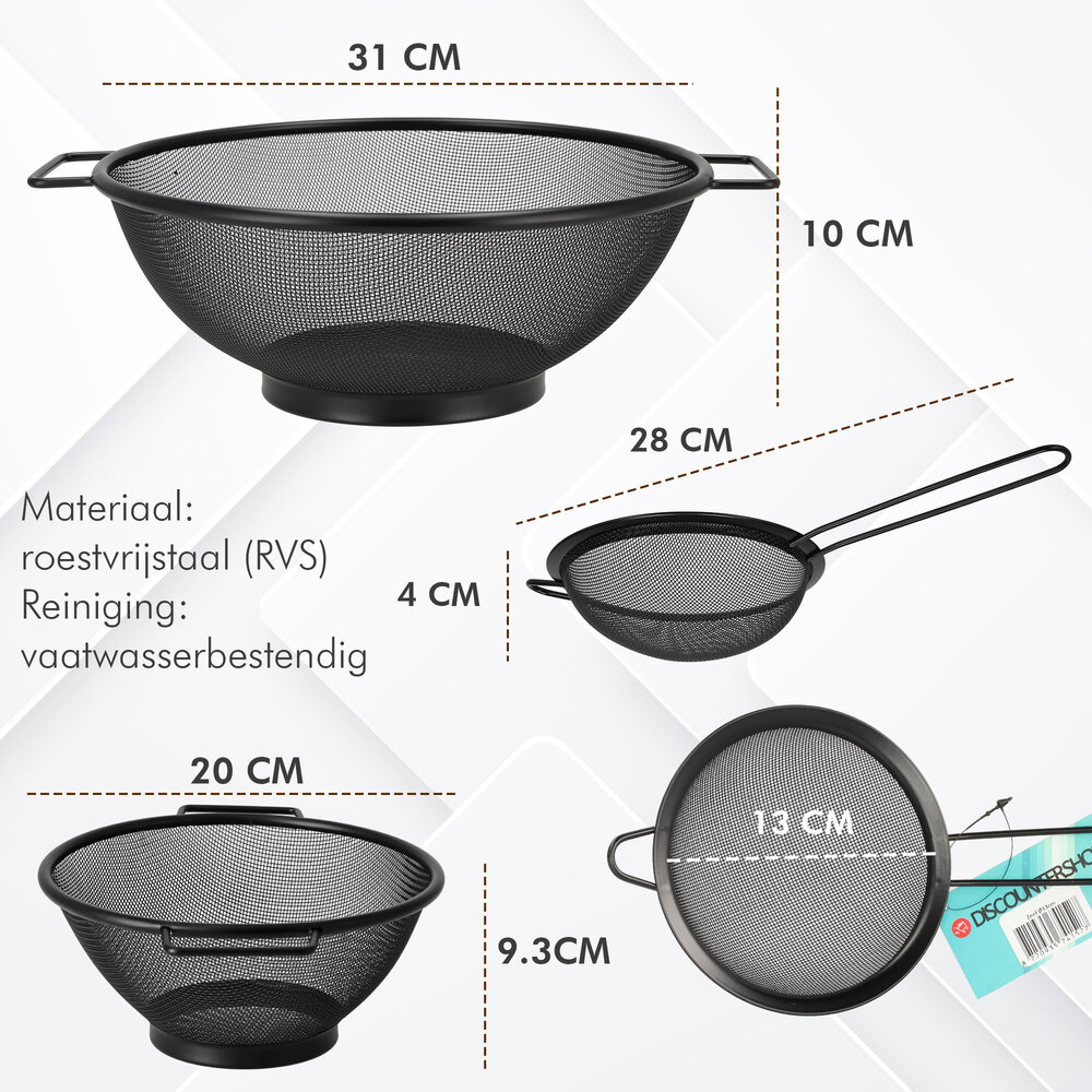 Discountershop Vergiet Set RVS 31 cm en 20 cm met Zeef 13 cm – 3-delige zwarte keukenzeef set voor pasta, rijst, groente, fruit en bakken