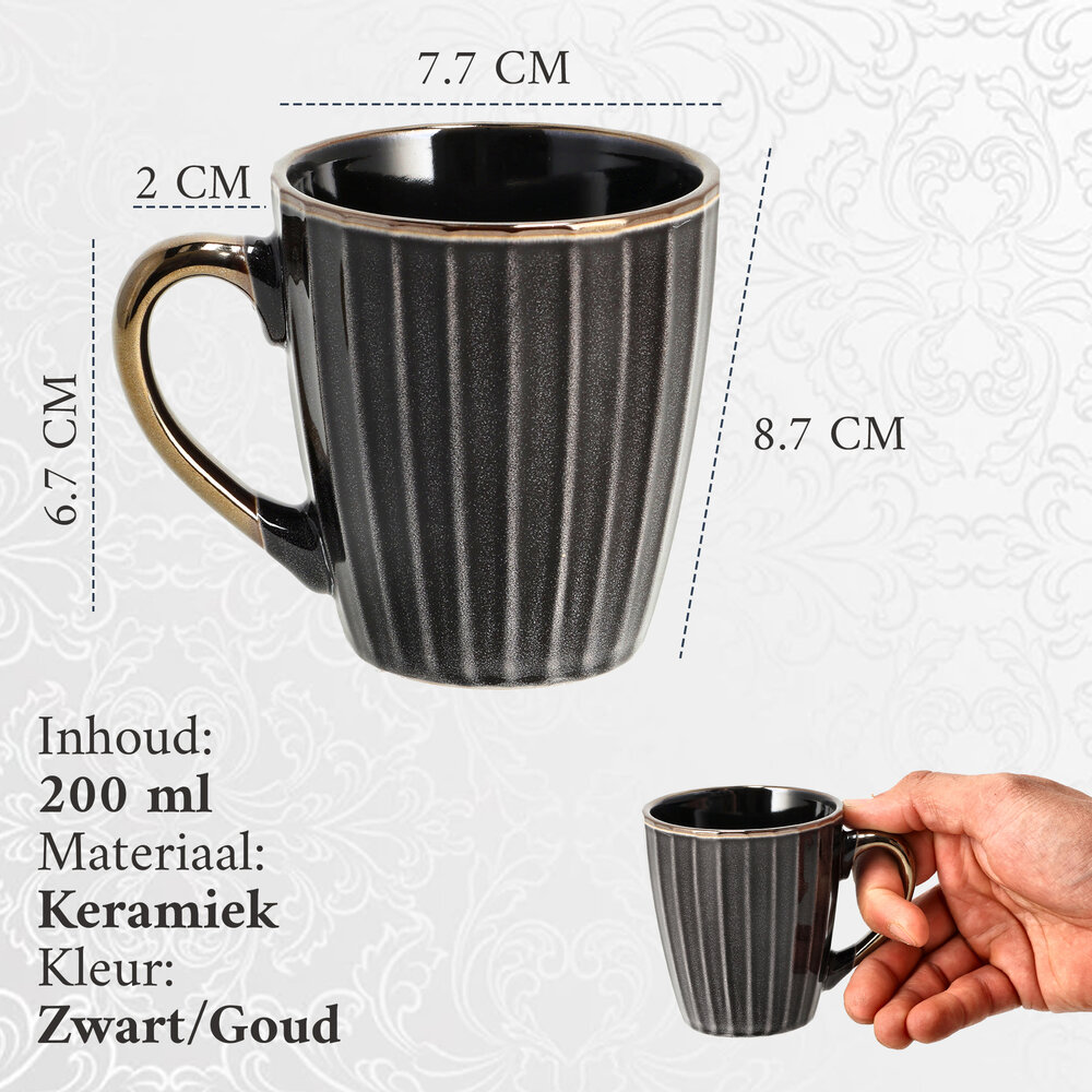 Discountershop Coffee Mugs 200ml with Handle – Ceramic Cups for Espresso, Lungo, Cappuccino, Tea, Home, Office and Hospitality in Black & Gold
