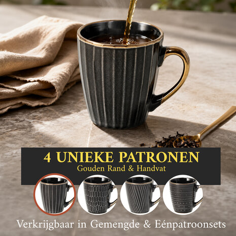 Discountershop Coffee Mugs 200ml with Handle – Ceramic Cups for Espresso, Lungo, Cappuccino, Tea, Home, Office and Hospitality in Black & Gold