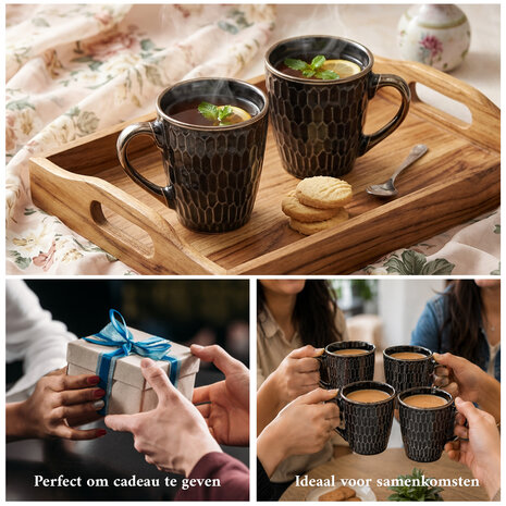 Discountershop Koffiemokken 200 ml met Oor – Keramische Koffiekopjes met Honingraatpatroon voor Espresso, Lungo, Cappuccino, Koffie en Thee