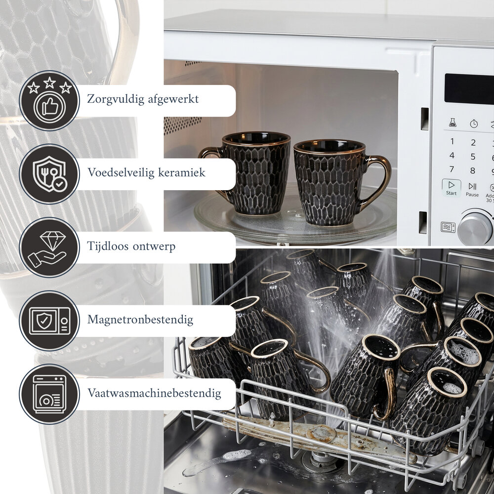 Discountershop Koffiemokken 200 ml met Oor – Keramische Koffiekopjes met Honingraatpatroon voor Espresso, Lungo, Cappuccino, Koffie en Thee
