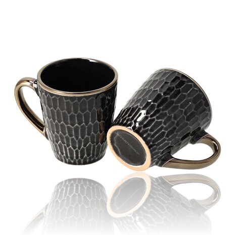 Discountershop Coffee Mugs 200ml with Handle – Black and Gold Ceramic Cups with Honeycomb Pattern for Espresso, Lungo, Cappuccino, Coffee and Tea