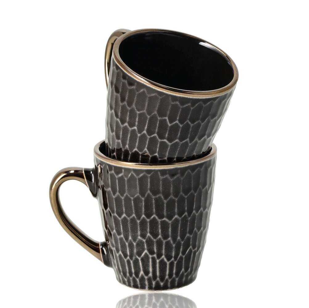 Discountershop Coffee Mugs 200ml with Handle – Black and Gold Ceramic Cups with Honeycomb Pattern for Espresso, Lungo, Cappuccino, Coffee and Tea