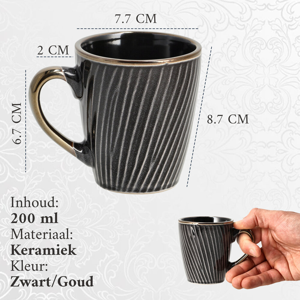 Discountershop Coffee Mugs 200ml with Handle – Black and Gold Ceramic Coffee Cups for Espresso, Cappuccino, Lungo, Americano and Tea