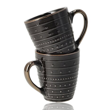 Discountershop Coffee Mugs 200ml with Handle – Black and Gold Ceramic Cups with Embossed Texture for Espresso, Lungo, Cappuccino, Tea and Hospitality