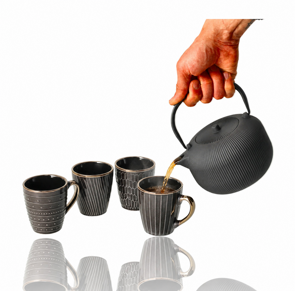 Discountershop Coffee Mugs 200ml with Handle – Black and Gold Ceramic Cups with Embossed Texture for Espresso, Lungo, Cappuccino, Tea and Hospitality