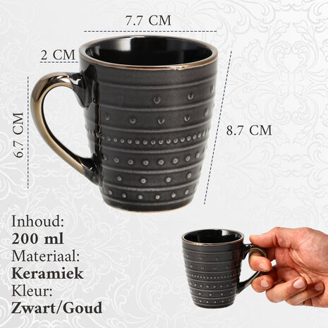 Discountershop Coffee Mugs 200ml with Handle – Black and Gold Ceramic Cups with Embossed Texture for Espresso, Lungo, Cappuccino, Tea and Hospitality