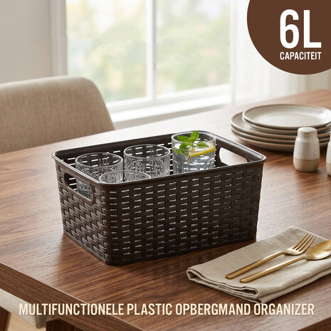 Discountershop Opbergmand 6L van Kunststof – Bruine Rattan Look Organizer 29 x 20 x 13 cm voor Keukenkast, Kledingkast, Speelgoed en Kinderkamer
