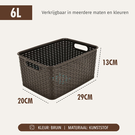 Discountershop Opbergmand 6L van Kunststof – Bruine Rattan Look Organizer 29 x 20 x 13 cm voor Keukenkast, Kledingkast, Speelgoed en Kinderkamer