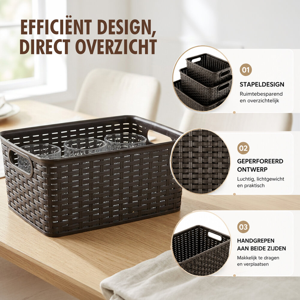 Discountershop Opbergmand 6L van Kunststof – Bruine Rattan Look Organizer 29 x 20 x 13 cm voor Keukenkast, Kledingkast, Speelgoed en Kinderkamer