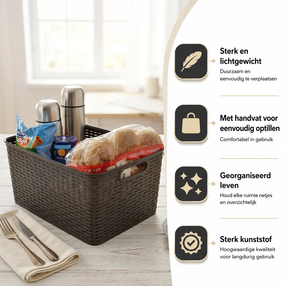 Discountershop Opbergmand 18L Kunststof met Handgrepen – 38 x 28 x 19 cm Organizer voor Speelgoed, Kinderkamer, Keukenkast en Kledingkast