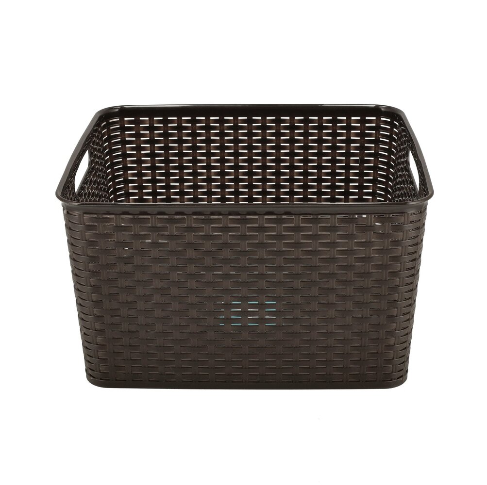 Discountershop Opbergmand 28,5L Kunststof met Handgrepen – Bruine Rattan Look Organizer 40 x 34 x 23 cm voor Speelgoed, Kledingkast en Keuken